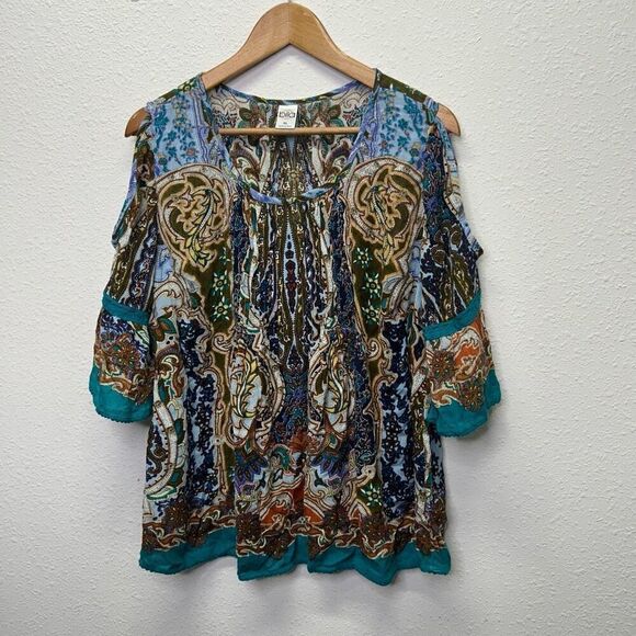 Bila Women's XL Boho Paisley Peasant Blouse Multicolor Cold Shoulder Top - Picture 1 of 11